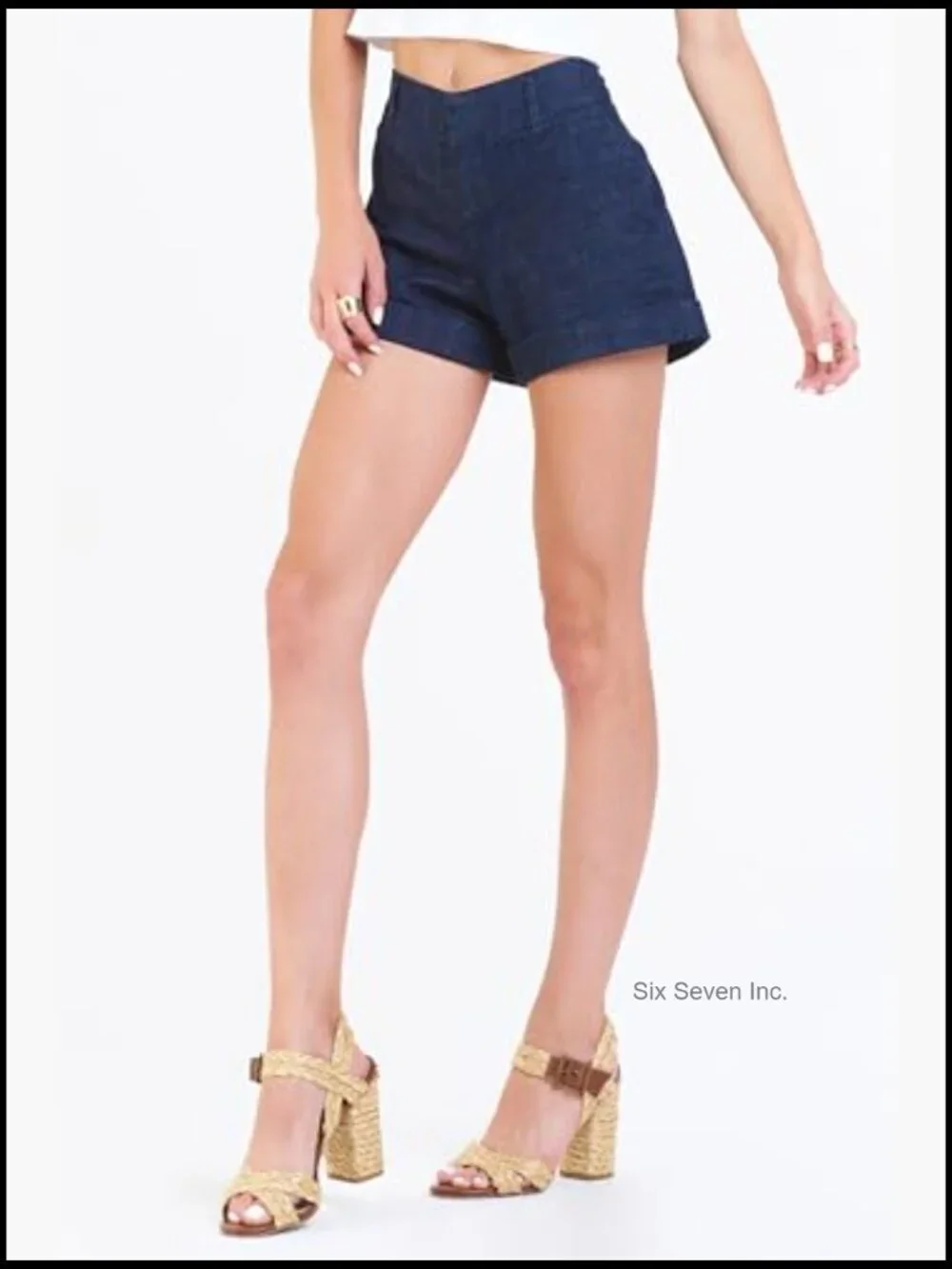 Low Rise Denim Shorts Tailored Trouser Fit Cuffed Hem Stretch